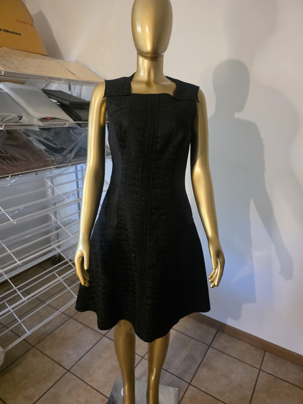 Anne Klein Black Textured Fit-and-Flare Midi Dress